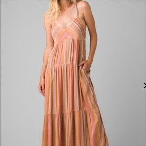 prAna Women's Lizzola‎ Maxi Dress Cacti Soleil Stripe Orange Pink Size Medium